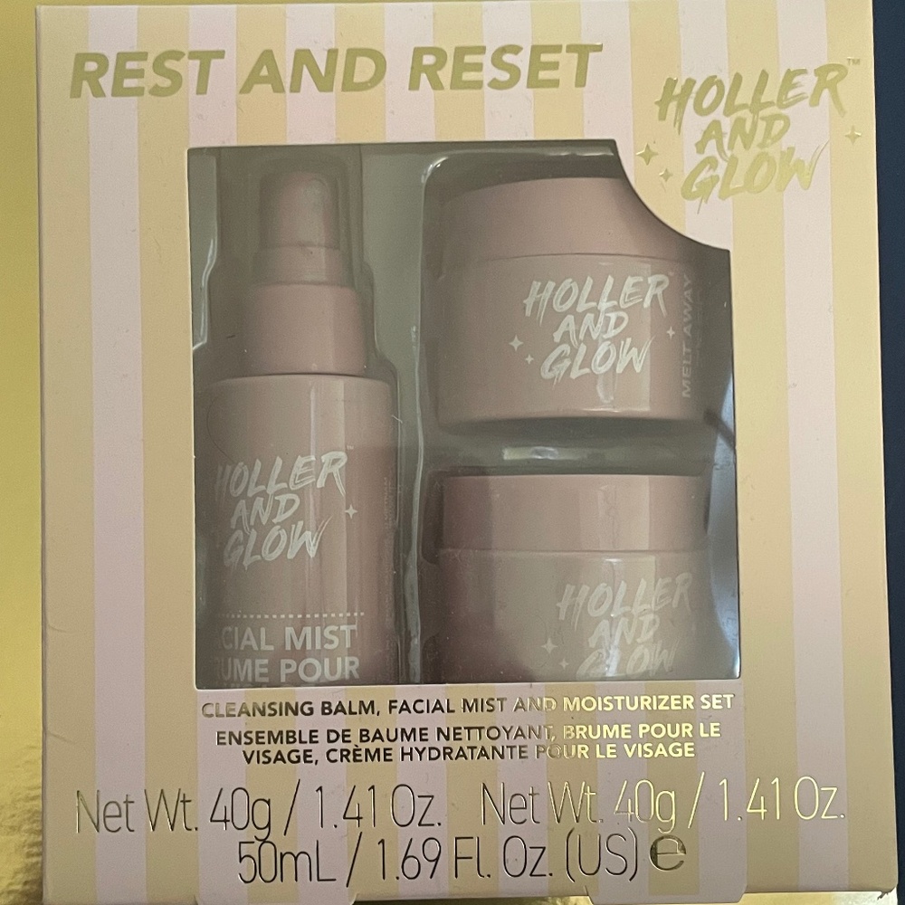Rest and reset holler and glow facial mist, cleansing balm and moisturizer set